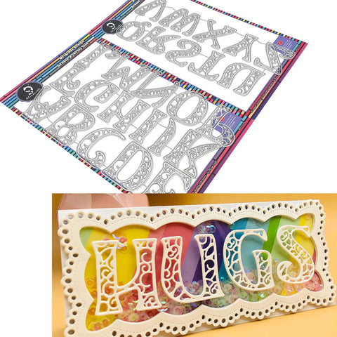 26 Piece Alphabet Letter Metal Cutting Dies For Scrapbooking Card Making And Paper Crafts Dope Die Cuts Vintage 5 cm Height High Quality Steel Die Cut Set From Alinacutle showcasing intricate details and cut-out design creating the word 'HUGS.'
