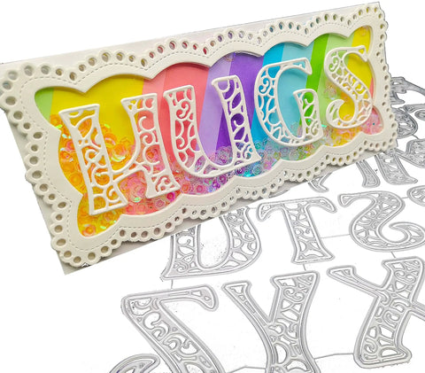 Colorful card made with 26 Piece Alphabet Letter Metal Cutting Dies For Scrapbooking, showing 'HUGS' in ornate letters, 5 cm tall.