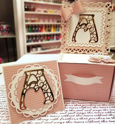 Decorative card featuring letter 'A' using 26 Piece Alphabet Letter Metal Cutting Dies For Scrapbooking Card Making And Paper Crafts Dope Die Cuts Vintage 5 cm Height High Quality Steel Die Cut Set From Alinacutle.