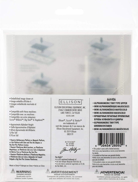 Back view of Alphanumeric Tiny Type Upper Thinlits Die Set 123 Pack packaging with product details and Ellison logo, by Tim Holtz Sizzix.