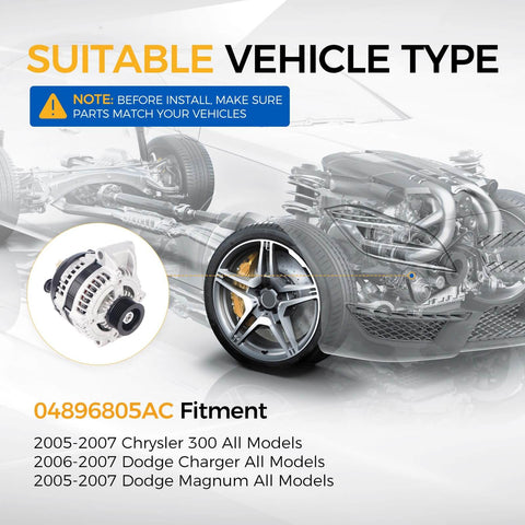 Alternator Replacement For 2005 2007 Chrysler 300 Dodge Magnum And 2006 2007 Charger 12 Volt 160 Amp Clockwise Rotation 6 Groove Pulley 04896805AC Compatible Dope Auto Part For Smooth Engine Operation image showing part compatibility with vehicle models