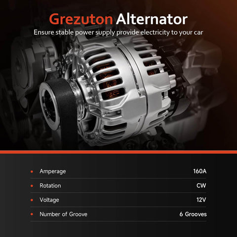 High Output 12V 160A Alternator Replacement For V6 3.6L Engines shown in silver metal with CW rotation and 160A output.