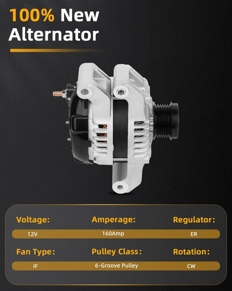 Direct Fit 3.6L Alternator Replacement for Chrysler 300, Dodge, Jeep 2011-2016 front view, 12V, 160A, 6-groove pulley