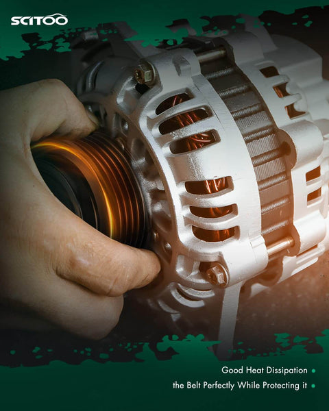 Side view of Beefed Up 12V 160Amp Alternator Replacement Fits Chrysler 300 5.7L 2011 to 2023, Dodge Challenger 5.7L 2011 to 2023, Dodge Charger 5.7L 2011 to 2014 with 6 groove pulley CW rotation external regulator being installed by hand.