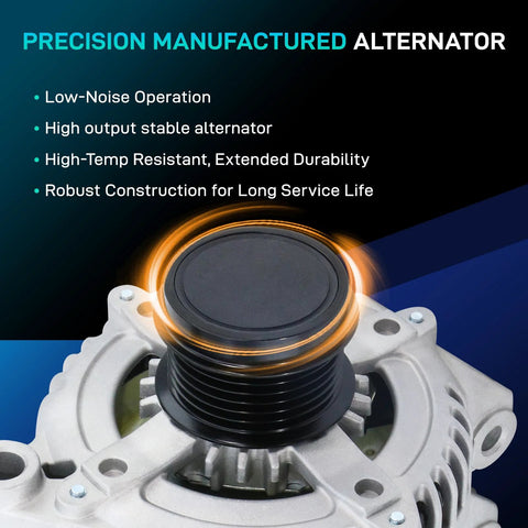 Precision manufactured alternator with black pulley, showcasing robust and high-temp resistant construction for long service life.