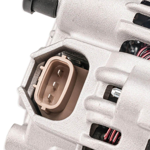 Close-up of Alternator For Subaru Outback And Legacy 2.5L 110 Amp 12V Replacement With 5 Groove Pulley showing connector