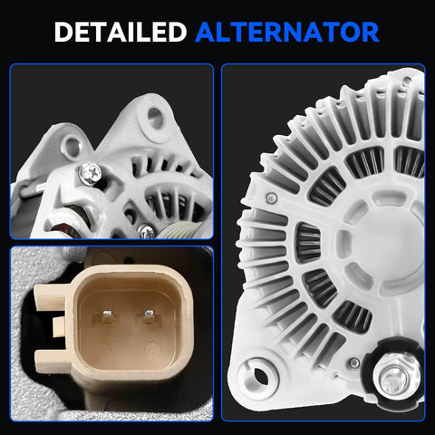 Close-up views of a 115 Amp Heavy Duty Alternator Replacement For 2007 2013 Avenger Caliber 2 0L 2 4L L4 And 2007 2017 Compass Patriot Sebring Models With 11231N AMT0194 04801323AB 04801323AC 04801323AD Durable CNC Machined showing details and connector.