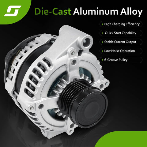 New Alternator Replacement For 3.6L V6 Engines Fitting Journey Grand Caravan Avenger Chrysler 200 Town And Country Routan And Ram C V 2011-2020 Direct Fit OE Style Electrical Part 421000-0770 front view with die-cast aluminum detail