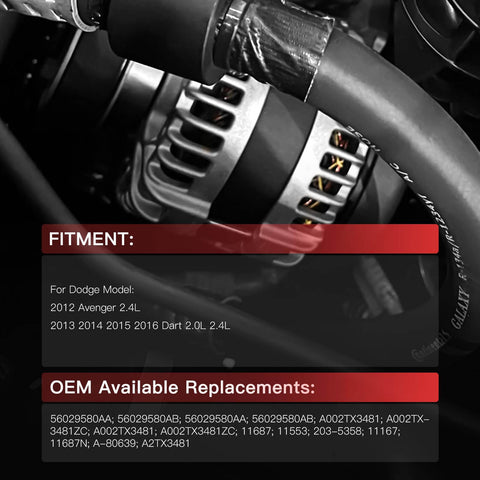 Alternator Replacement For Dodge Dart 2013 2014 2015 2016 And Avenger 2012 With L4 2.0L 2.4L Engines Direct Fit OEM Replacement 56029580AA 56029580AB A002TX3481 Plug And Play High Quality in engine bay