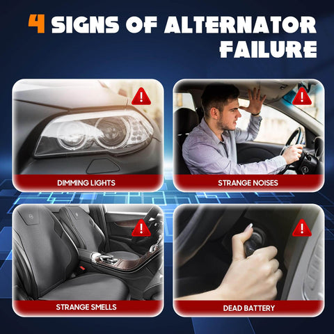 4 signs of alternator failure infographic with dimming lights, strange noises, strange smells, and dead battery indicators