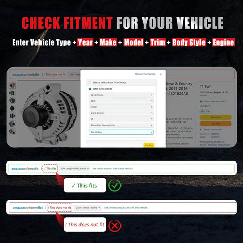 Fitment check for Premium 3.6L V6 Alternator Replacement in Chrysler Town and Country, Dodge Grand Caravan, Avenger, Journey