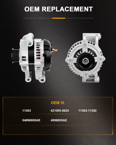 Reliable Replacement Alternator Direct Fit For Dodge Charger Challenger Magnum 2008 2009 2010 With 2.7L 3.5L 5.7L 6.1L V6 Engines High Output Battery Charging And Easy Install OEM replacement alternator image showing side and front view