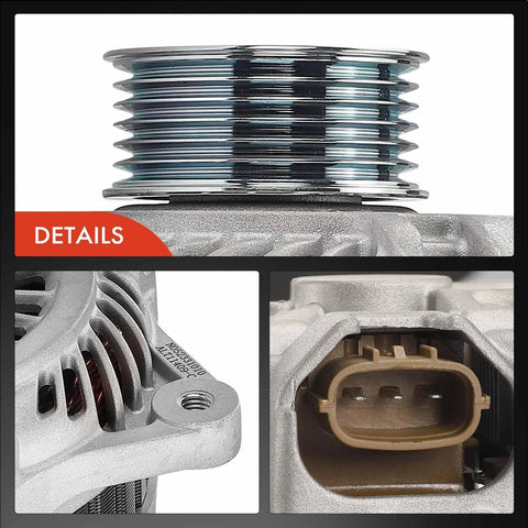 Close-up view of drop-in heavy duty alternator replacement for Subaru Outback and Legacy 2010 2011 2012 2.5L, 12V 110A with six groove pulley, clockwise rotation, plug and play fit, compatible with A003TG6191 and A003TG6191ZC.