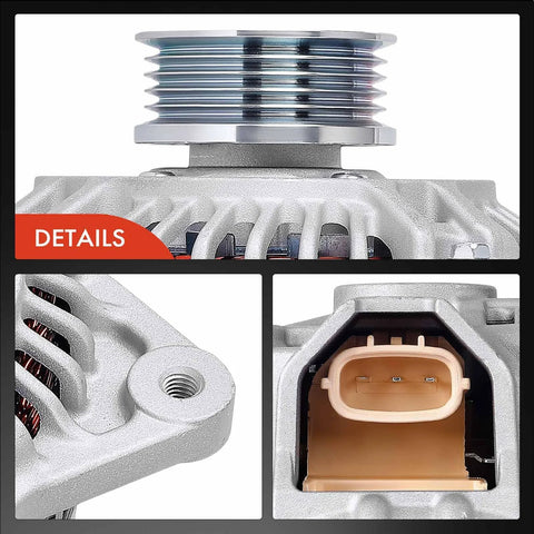 Alternator Drop-In Replacement For Subaru Outback 2000-2004, Impreza 2005, showing pulley, mounting hole, and connector details.