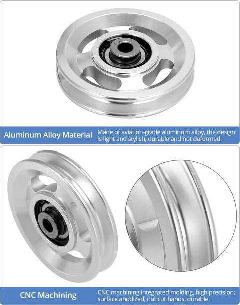 Universal Aluminium Alloy Bearing Pulley Wheel for Sports Fitness Equipment, 95mm Size, showcasing material and CNC machining details.