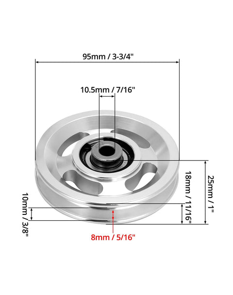 Universal Aluminium Alloy Bearing Pulley Wheel for Sports Fitness Equipment, 95mm Size, detailed dimensions, high load capacity.