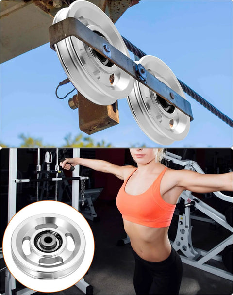 Universal Aluminium Alloy Bearing Pulley Wheel for Sports Fitness Equipment, 95mm Size, shown installed on gym machine