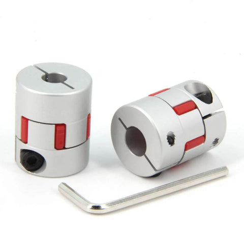 Front view of 2PCS 8mm to 10mm Aluminium Plum Flexible Shaft Coupling Diameter25mm Length30mm 8x10mm Motor Connector with hex key.