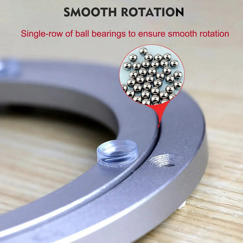 Close-up of heavy duty turntable bearing for lazy Susan rotating plate with smooth swivel action, aluminium alloy, and ball bearings.