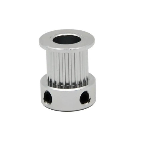 Close-up of durable aluminum 2GT timing pulley, 20 teeth, 8mm bore for 10mm width timing belt, compatible with 3D printers and CNC machines.