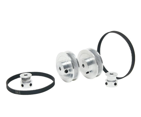 Two Pack Aluminum 2GT Timing Pulleys Set 20T And 60T With 5mm Bore featuring belts for precision in 3D printer and robotic applications.