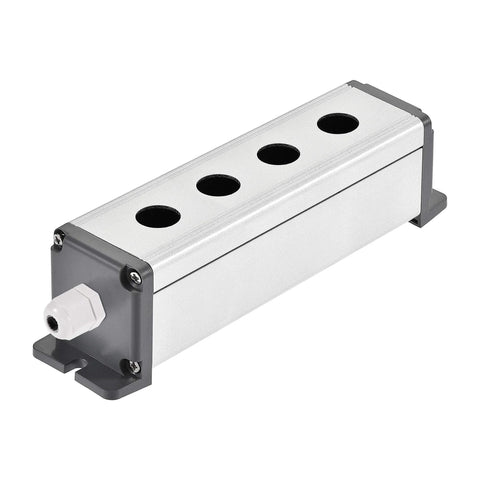 4 Hole 16mm Aluminum Push Button Station Box With PG7 Cable Gland And Mounting Base shown from side angle, industrial use