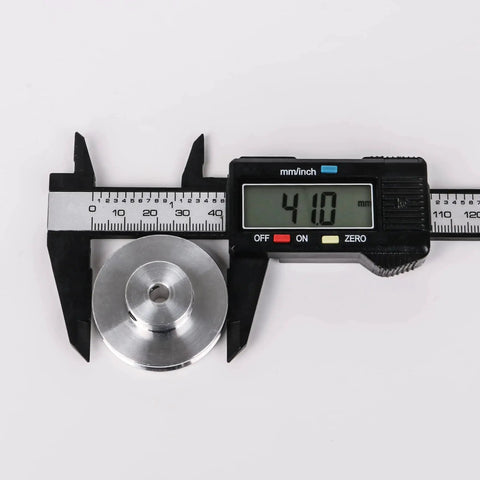 Aluminum Single Groove Pulley 41x16x6mm With 6mm Bore For 3 To 5mm PU Round Belts with caliper measuring 41mm diameter