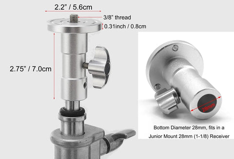 5/8 Inch Baby Ball Head Adapter To 3/8 Inch Thread For C Stand And Light Stand Mounts, shown with measurements and features.