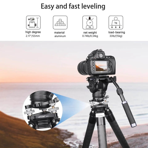 Effortlessly level a camera on uneven ground with this aluminum three legged leveling base, shown installed on tripod near a beach.