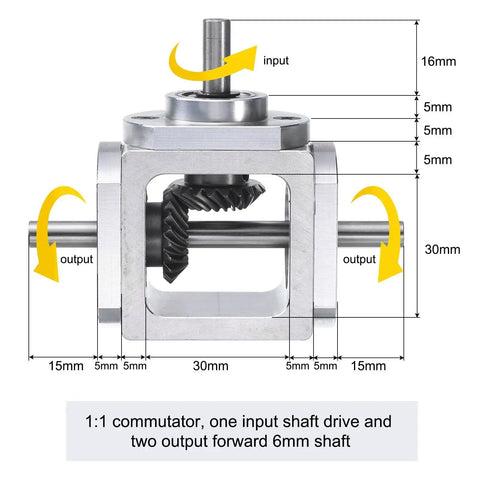 Bevel Gearbox 90 Degree 1to1 With Dual 6mm Output Shafts Aluminum DIY Frame, showing dimensions and shaft directions