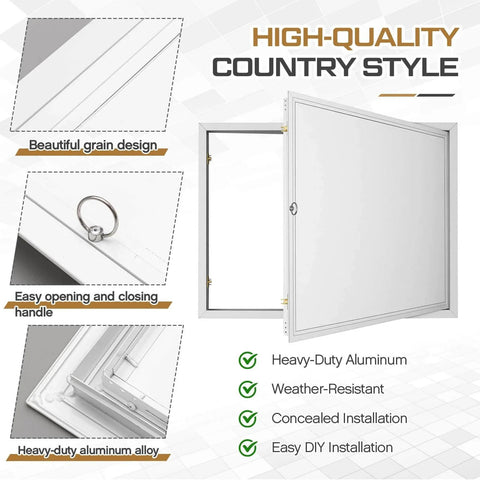 Close-up of a Crawl Space Access Door Universal Aluminum Skirting Access Door Panel for Mobile Home Insulated Wall Ceiling Mounted, showing design features.