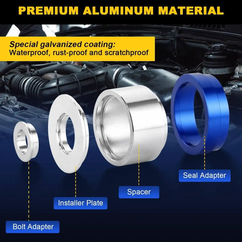 Crank Bearing And Camshaft Seal Installer And Remover Set with aluminum adapter shown with bolt adapter, installer plate, and spacer.