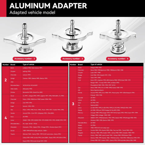 Aluminum radiator adapter set with three chrome adapters for automotive cooling system pressure testing