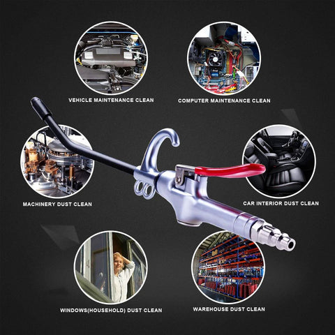 High Volume Air Blow Gun Alluminum Rubber Guard Air Flow Nozzle in industrial setting with cleaning use applications displayed