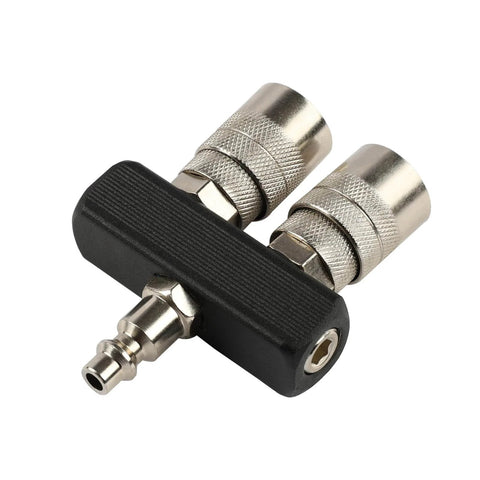 Two Way Straight Air Manifold Splitter With Dual One Quarter Inch Quick Connect Couplers And One Quarter Inch NPT Male Plug Aluminum Body