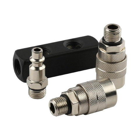 Two Way Straight Air Manifold Splitter With Dual One Quarter Inch Quick Connect Couplers And One Quarter Inch NPT Male Plug Aluminum Body Air Compressor Hose Splitter For Easy Quick Hookup And Reliable Air Flow