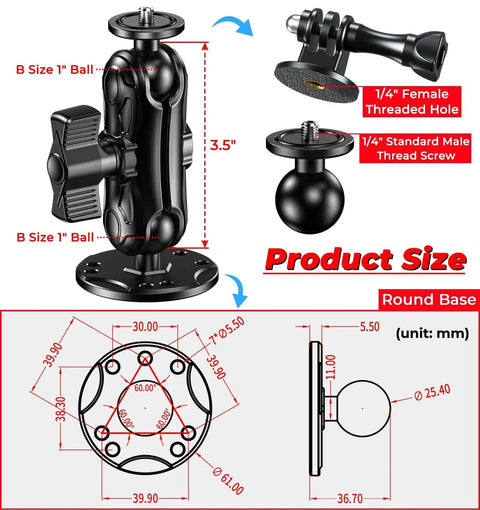 Diagram of Aluminum Alloy Camera Mount with One Quarter Inch Tripod Adapter, showing dimensions and round base features.
