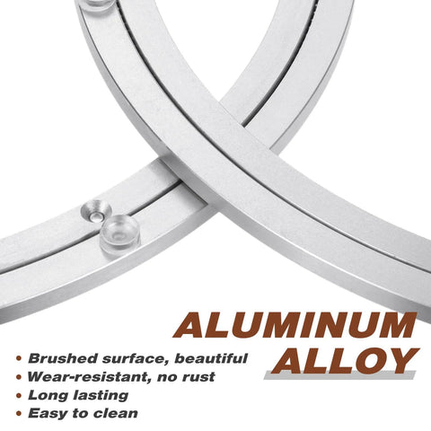 Close-up of 2 Pack 16 Inch Aluminum Lazy Susan Turntable Bearings with brushed surface, highlighting wear-resistance and non-slip feet.