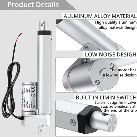 AWINLI 12V linear actuator, 6" stroke, 660Lbs (1500N), IP54 waterproof aluminum body with wiring