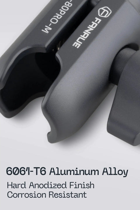 Close-up of a single socket swivel arm in 6061-T6 aluminum with a hard anodized finish, compatible with GoPro and action cameras.