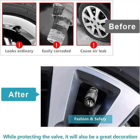 Before and after effect of Aluminum Alloy Tire Valve Stem Caps 4 Pack Black, Anodized Finish, showing corrosion resistance and safety improvement