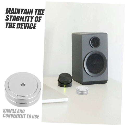 Aluminum Anti Skid Isolation Feet For CD Players And Computer Setups Vibration Dampening Foot Pads Non Slip Bumpers For Electronics Keep Your Gear Stable And Protected Perfect For Audio Video Equipment Four Piece Set next to speaker
