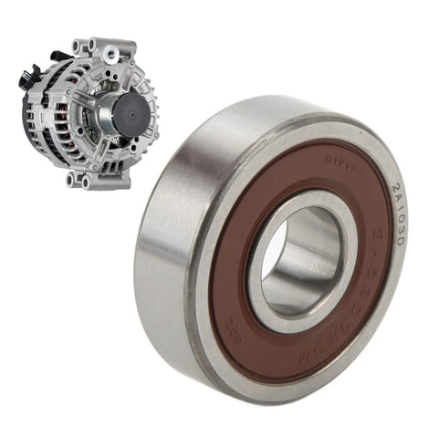 Beefy Heavy Duty 6303 2RS Ball Bearing With Aluminum Alloy Construction for automotive generators shown next to an alternator