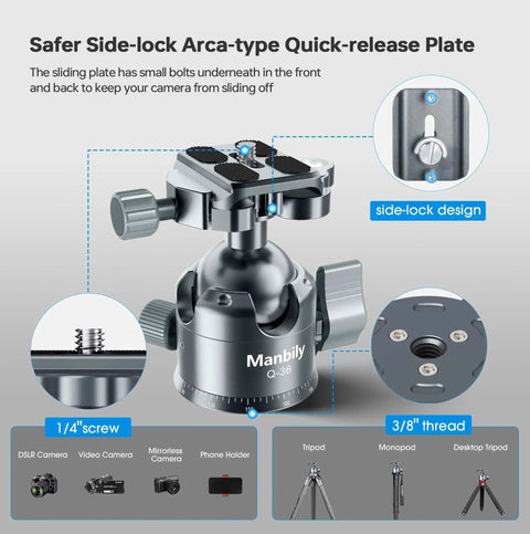 Low Profile 36mm CNC Aluminum Ball Head For Tripod And Monopod 360 Degree Panorama with quick-release plate and side-lock