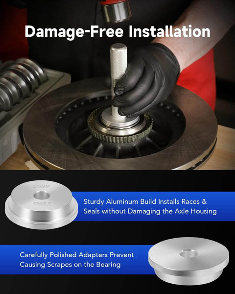 Mechanic using 10pc Bearing Press Kit with Race and Seal Driver Set, Seal Installer Kit with Knurled Handle and 9 Adapters for axle installation