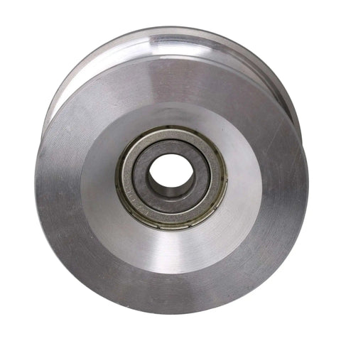 Front view of 60mm Diameter 25mm High Passive Round Guide Pulley Wheel made of aluminum and bearing steel with 10mm groove radius.