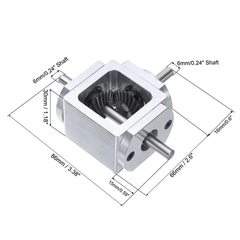 Bevel Gearbox 90 Degree 1to1 With Dual 6mm Output Shafts Aluminum DIY Frame, side view with detailed measurements visible.