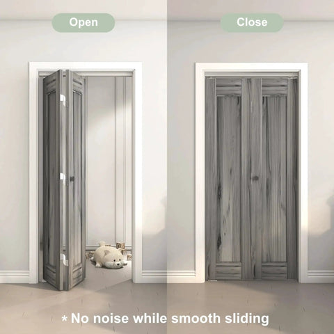 36 Inch Bifold Door Hardware Kit For Two Doors In Aluminum Top Mounted Sliding Barn Door System, shown installed in a room.