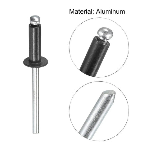 Close-up of 4mm By 12mm Aluminum Blind Rivets Open End With Flat Round Head For Metal And Leather Black 50 Pack