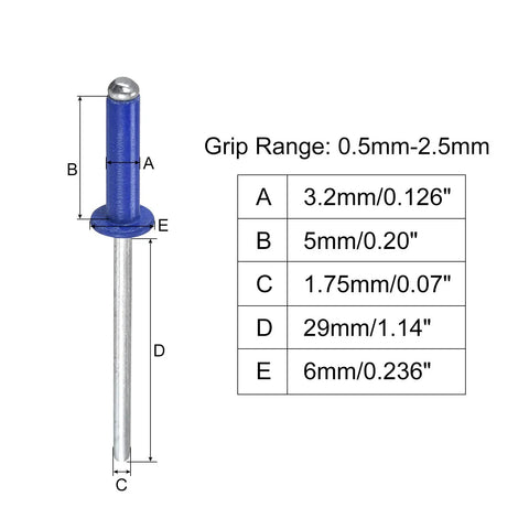 Aluminum Blind Rivets Set 3.2mm By 5mm Open End Flat Round Head Blue 200 Pcs dimensions illustration with size chart.